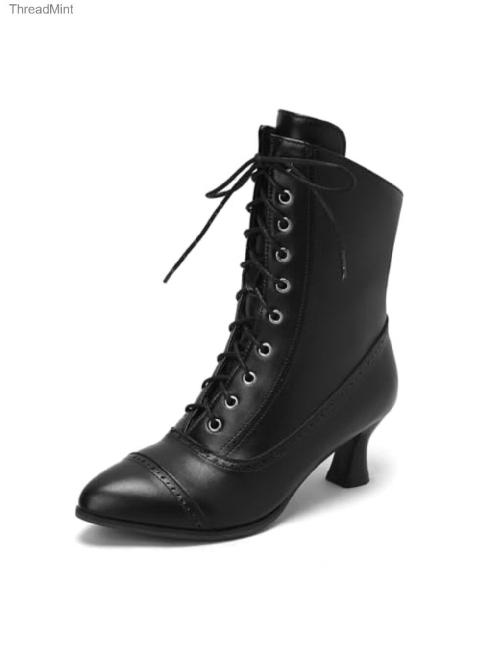 Vintage Victorian Lace Up Ankle Boots Kitten Heel Pointed Toe Faux Leather